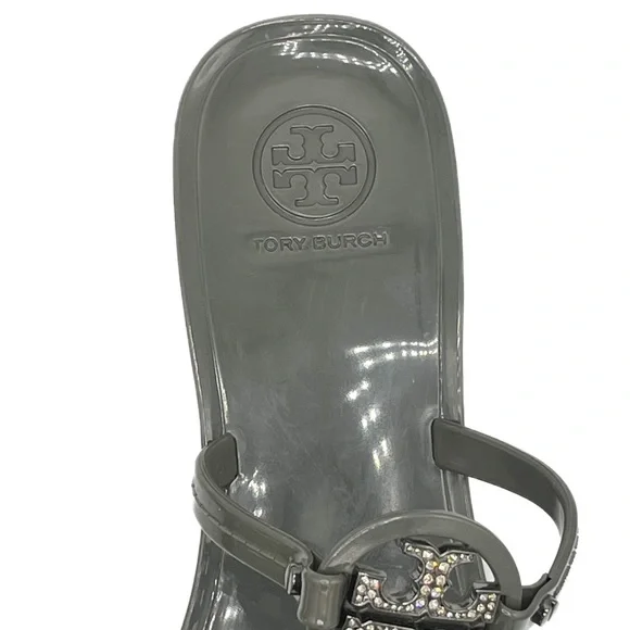 Tory Burch Mini Miller Jelly Sandals Smoke Grey Size 8 Logo Crystal Thong Flats - Picture 3 of 3